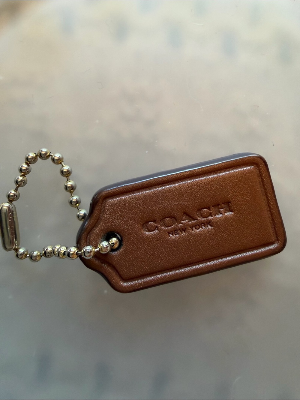 Coach Brown Leather Hang Tag with Gold Tone Ball Chain Small